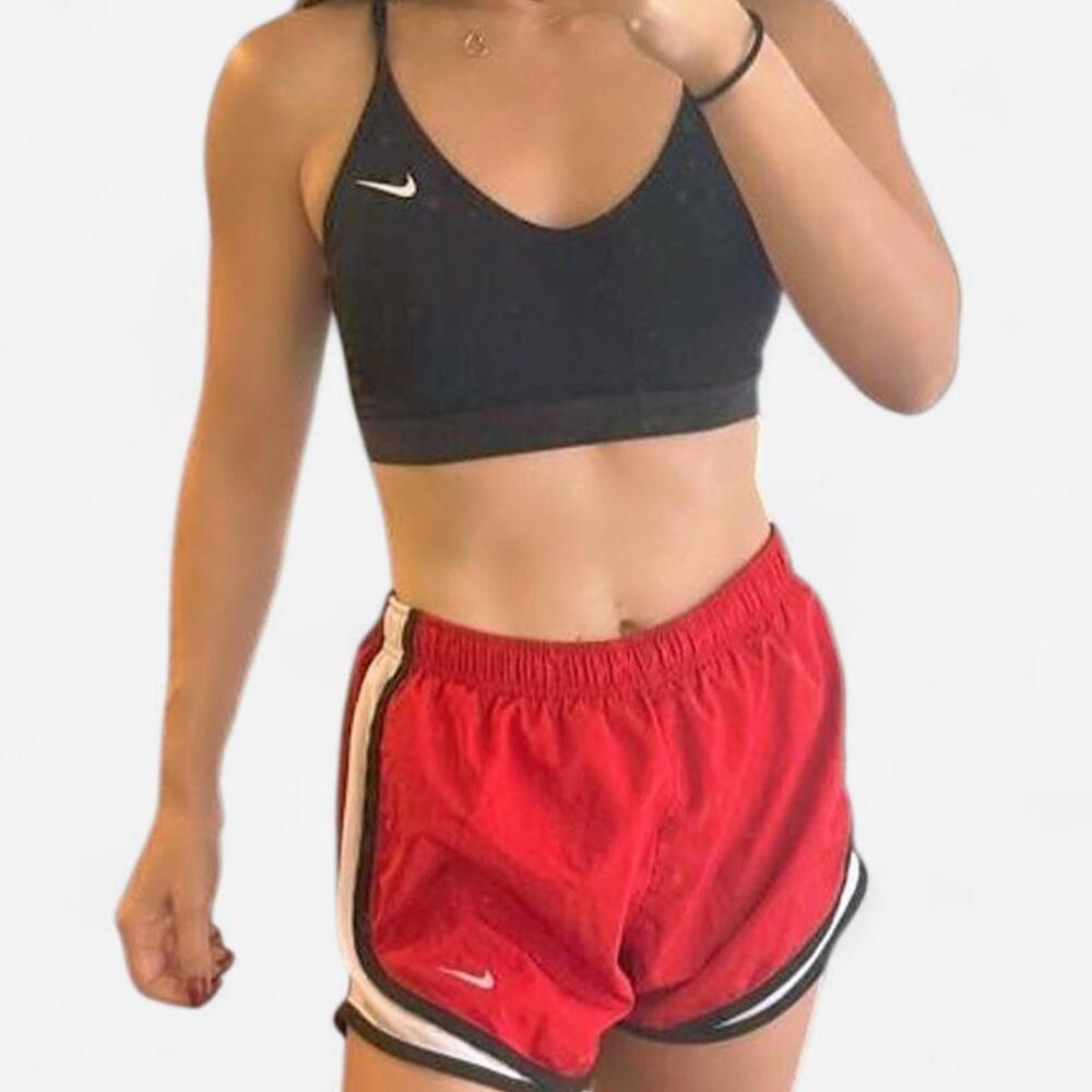 Nike red & black sports bra and shorts set with white side panels, bra size M